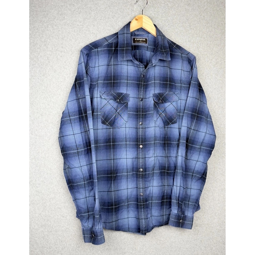 Express Blue Plaid Snap Front Flannel Shirt Men's Large Cotton